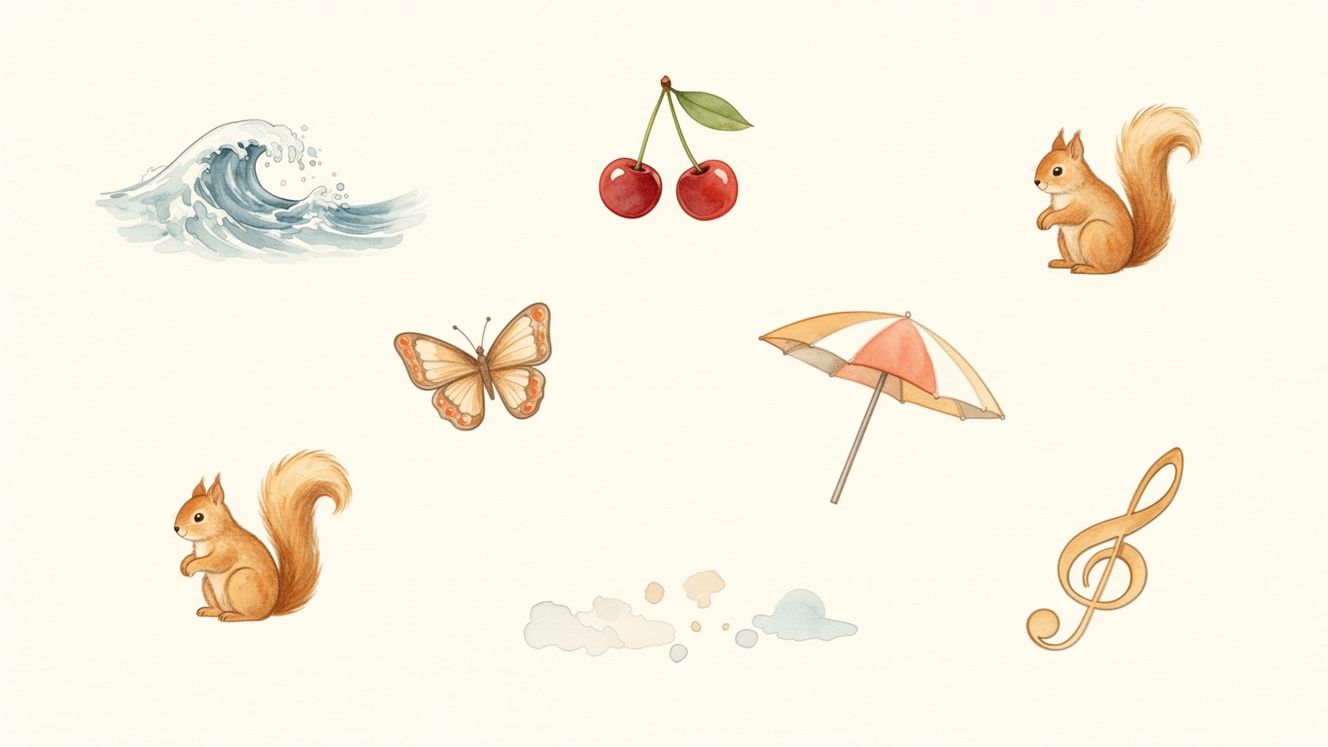 A collection of hand-painted watercolor motifs: a wave, cherries, squirrel, butterfly, beach umbrella, and treble clef